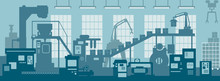 Creative Vector Illustration Of Factory Line Manufacturing Industrial Plant Scen Interior Background. 