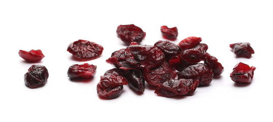 Dried cranberries isolated on white background, top view