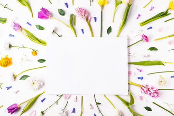 Wall Mural - Easter and spring flat lay on a white background. Copy space.