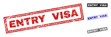 Grunge ENTRY VISA Rectangle Stamp Seals Isolated On A White Background. Rectangular Seals With Distress Texture In Red, Blue, Black And Grey Colors.