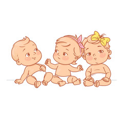 Wall Mural - cute little babies in diaper sitting together. happy children. girls and boys smiling waving hands, 