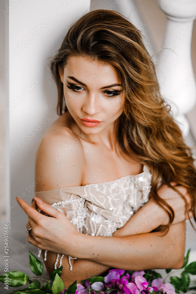 Portrait of luxury girl with nude shoulders Stock Photo | Adobe Stock