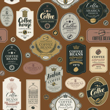 Vector Seamless Pattern On Coffee And Coffee House Theme With Various Labels In Retro Style On The Brown Background. Can Be Used As Wallpaper Or Wrapping Paper