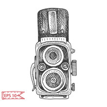Vector Hand Drawn Sketch Professional SLR Camera, Photocamera.