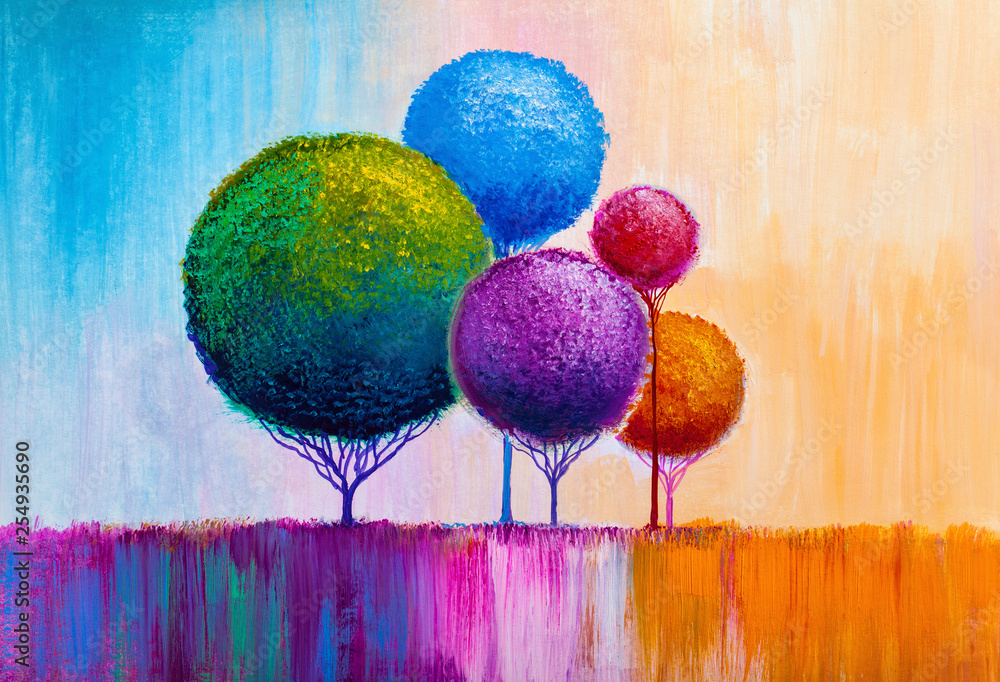 Round trees, painting. - obrazy, fototapety, plakaty 