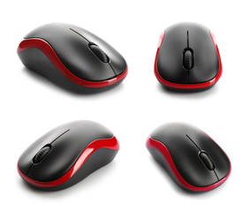 Set of modern computer mice on white background