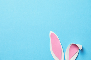 Wall Mural - Funny Easter bunny ears on color background, top view with space for text