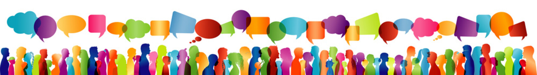 Canvas Print - Crowd talking. Large group of people talking. Communication - dialogue between people. Colored profile silhouette. Speech bubble. Multiple exposure