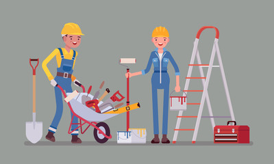 Construction workers with professional equipment. Male and female laborers in uniform and hard hat employed to build or repair, engaged in manual work and physical labour industry. Vector illustration