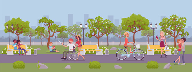 Wall Mural - Spring or summer season park zone with people. Large public garden, land area with green grass and trees for fun and recreation, happy citizens enjoy open air activities and walk. Vector illustration