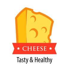 Wall Mural - Cheese logotype with caption and description. Tasty and Healty - Vector illustration. Style memorable Emblem for Shop or Web Site.