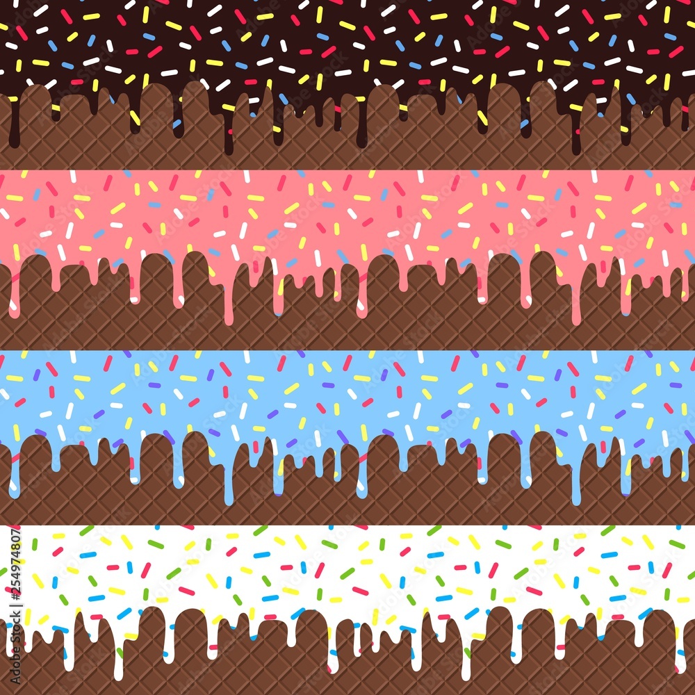 Vector Set of Flowing Glaze with Colorful Sprinkles on Chocolate Wafer ...