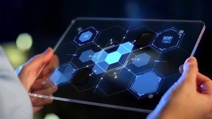 Wall Mural - technology, virtual effects and programming concept - hands holding transparent tablet pc computer w
