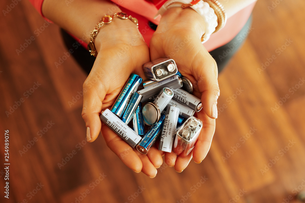 Closeup on different types of batteries in hand of housewife - obrazy, fototapety, plakaty 