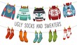 Ugly sweaters and socks collection. Christmas socks and sweaters for party, invitation, greeting card in cartoon style. Ugly sweater party elements. Vector Christmas decorations and clothing set.