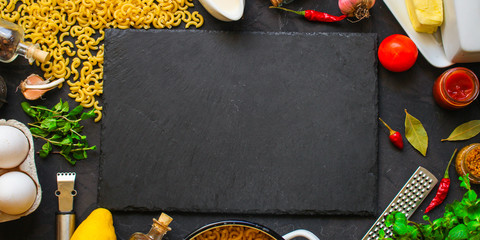 pasta, elbow and sauce (set of ingredients). top  food background. copy space