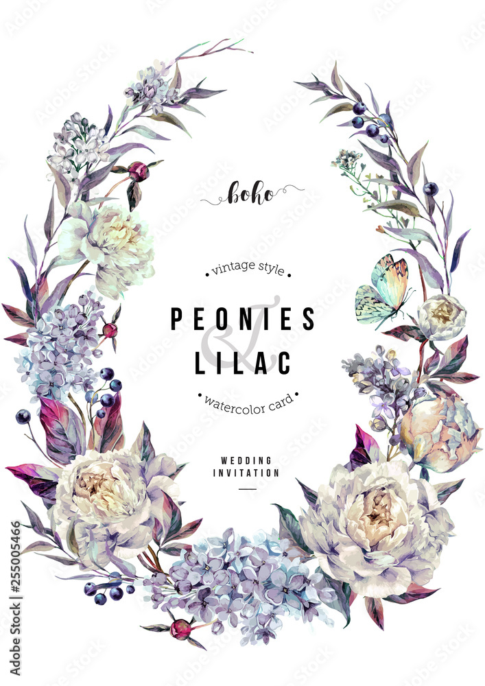 Watercolor White Peonies and Lilac Oval Wreath Stock Vector | Adobe Stock