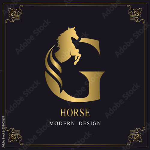 Capital Letter G With A Horse Royal Logo King Stallion In Jump Racehorse Head Profile Gold Monogram On Black Background With Border Stylish Graphic Template Design Tattoo Vector Illustration Buy This