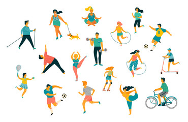 Wall Mural - World Health Day. Vector illustration of people leading an active healthy lifestyle.