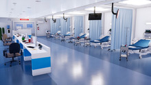 Interior Of Emergency Room In Modern Clinic With Row Of Empty Hospital Beds, Nurses Station And Various Medical Equipment. 3D Illustration On Health Care Theme From My Own 3D Rendering File.