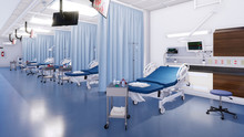 Modern Emergency Room Interior With Row Of Empty Hospital Beds And Various First Aid Medical Equipment. With No People 3D Illustration On Medicine And Health Care Theme From My Own 3D Rendering File.