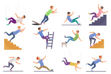 Set Of Falling Man Isolated. Falling From Chair Accident, Falling Down Stairs, Slipping, Stumbling Falling Man Vector Illustration.