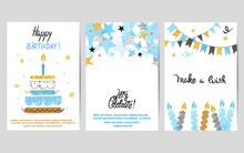 Happy Birthday Cards Set In Blue And Golden Colors. Celebration Vector Templates With Birthday Cake And Stars
