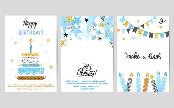 happy birthday cards set in blue and golden colors. celebration vector templates with birthday cake 