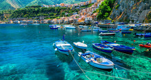 Beautiful Sea And Places Of Calabria -Scilla Town With Traditional Fishing Boats. South Of Italy