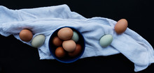 Natural Free Range Chicken Eggs On Kitchen Towel For Food Concept Cooking Banner.