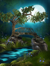 3d Illustration Fantasy Graphic Background Of A Natural Bridge At Night With Full Moon