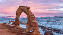 Pink La Sal Mountains Behind Delicate Arch
