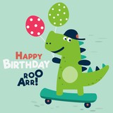 Fototapeta Dinusie - Happy birthday - lovely vector card with funny dinosaur rides on skateboard. Tyrannosaur skateboarder