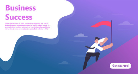 Wall Mural - Business landing page template. Vector web page design template - business solutions, consulting, marketing, support concept. Man standing on mountain peak with winner flag - Vector