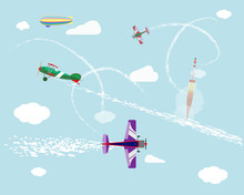 Airshow. Flight Of Airplanes And Airship In The Sky. Rocket Launch. Vector Graphics.