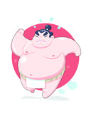 Fototapeta Dinusie - Cute style tired chubby sumo running with red circle background illustration