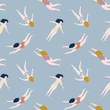 Repeated Background With Figures Of Young Girls In Swimsuits. Cute Vector Illustration In Hand Drawn Style. Swimming Collection. Seamless Pattern.