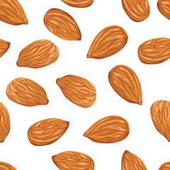 Almond nuts seamless pattern on a white background. Vector illustration of nuts and seeds in a flat cartoon style.