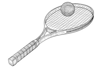 Tennis racket with a ball. Hand drawn sketch