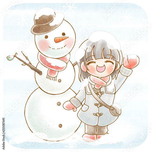 雪だるまと子供 雪遊び Stock イラスト Adobe Stock
