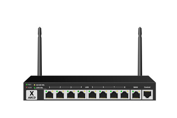 Wireless service router with control port, WAN port and 8 LAN ports. The router has 2 antennas. Black colour. Vector illustration.