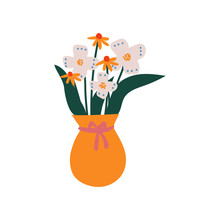 Spring Or Summer Colorful Flowers In Orange Vase, Beautiful Bouquet Of Fresh Flowers Vector Illustration