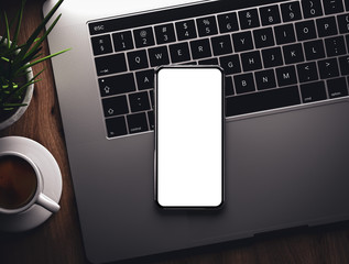 Wall Mural - smartphone on laptop keyboard blank screen