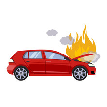 The Broken Hood Of The Red Car Is Covered With Fire And Smoke. Flat Style Vector Illustration