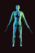 Naked female with swords on digital art. Isolated on black background. With copy space text. Studio Shot.