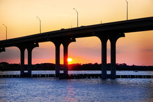 Bridge From St. Augustin To Vilano Beach, Florida At Sunset.