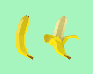 Yellow Bananas. Set of Whole and Peeled Banana on Green Background. Low Poly Vector 3D Rendering