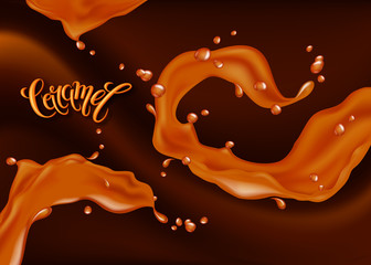 Caramel flows. Realistic falling drops and splash. 3d illustration. Vector background for your design. 