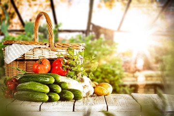 Desk of free space and spring vegetables 