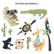 Set of diferent cartoon Australian animals. Cute handdrawn kids clip art collection. Vector illustration